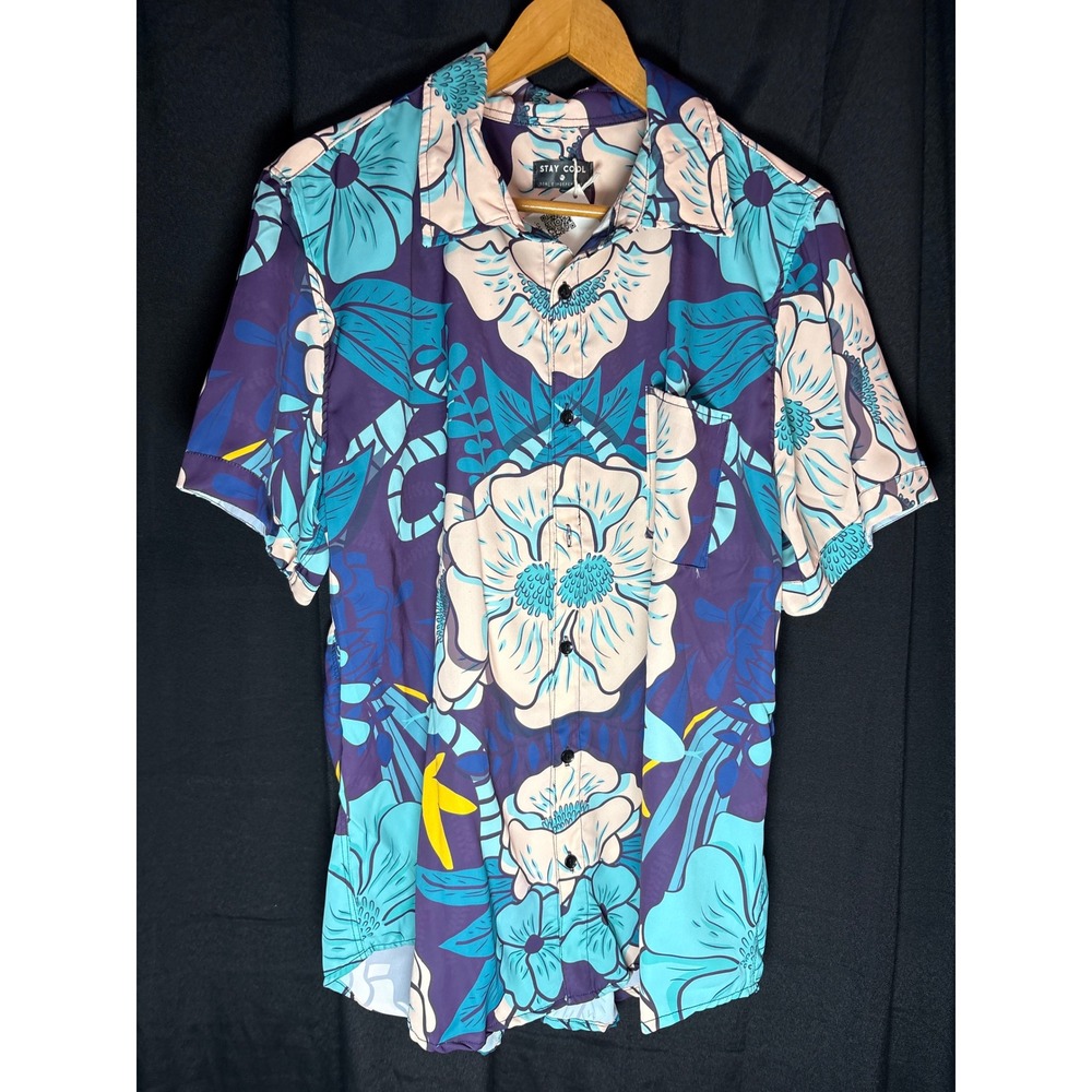 Stay Cool Wild Blue Forest Shirt Mens XL Purple Teal Floral Button Down NWT